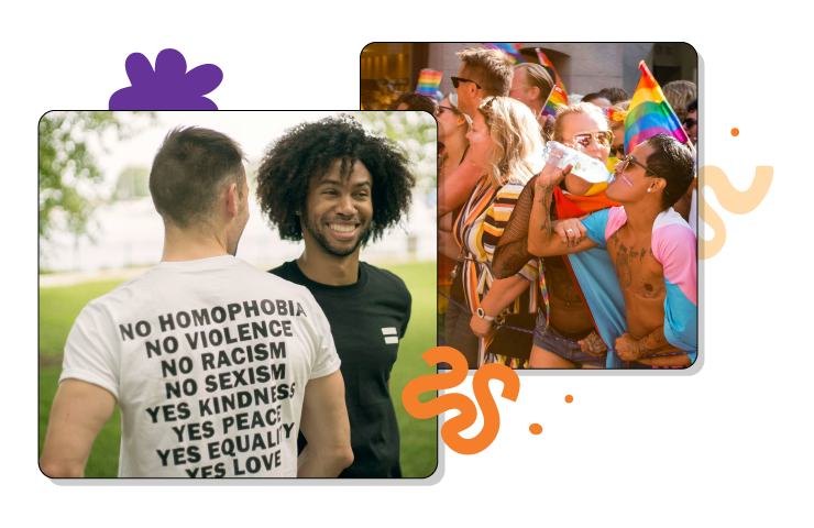 Two images: Left shows a smiling man next to a person in a shirt with messages of equality; right depicts a joyful Pride parade with rainbow flags.