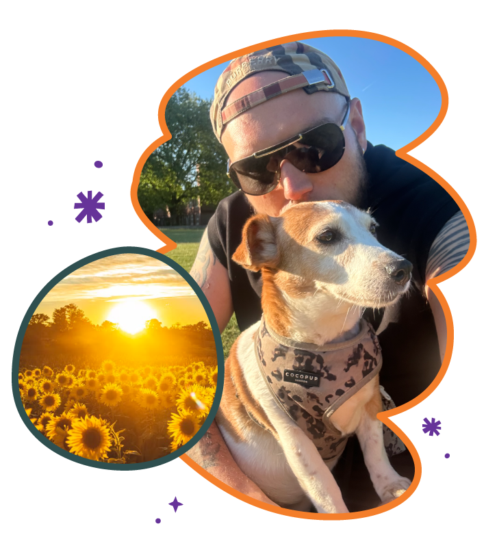 Man in sunglasses and cap cuddles with a small dog wearing a harness, set against a sunny park. Inset shows a sunflower field at sunrise.