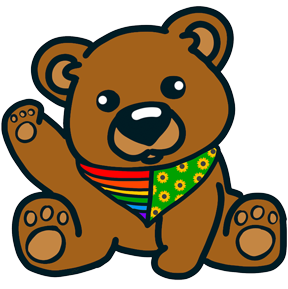 Brown bear wearing a colourful bandana, with one paw raised to wave.